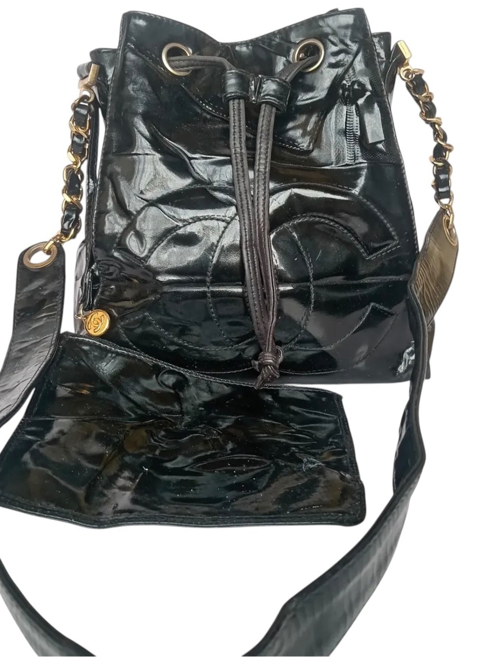CHANEL Black Patent Bucket Crossbody with Chain-Detail Strap